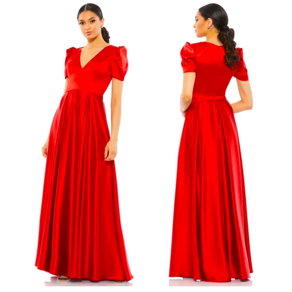 Mac Duggal Puff Sleeve V-Neck Ruby Red Satin Gown 26606 size 12